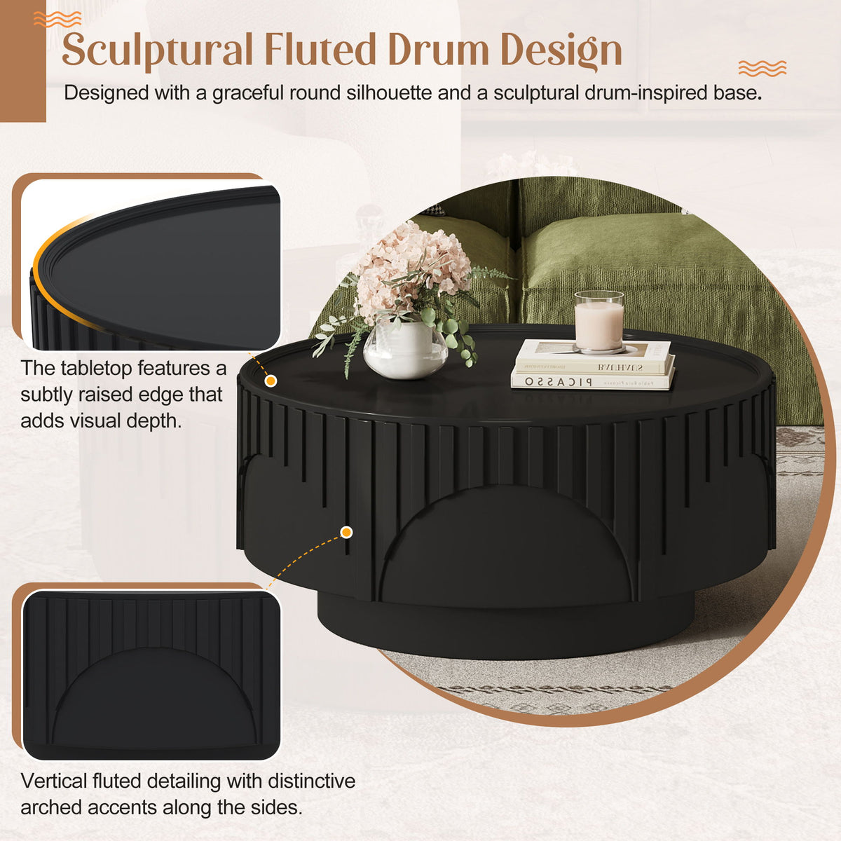 Round Fluted Drum Coffee Table With Sturdy Base For Living Room