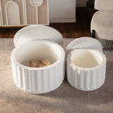 Round Storage Table Set With Lift Off Lid, Nesting Design, Elegant Curved Edge Shape For Living Room - Cream White