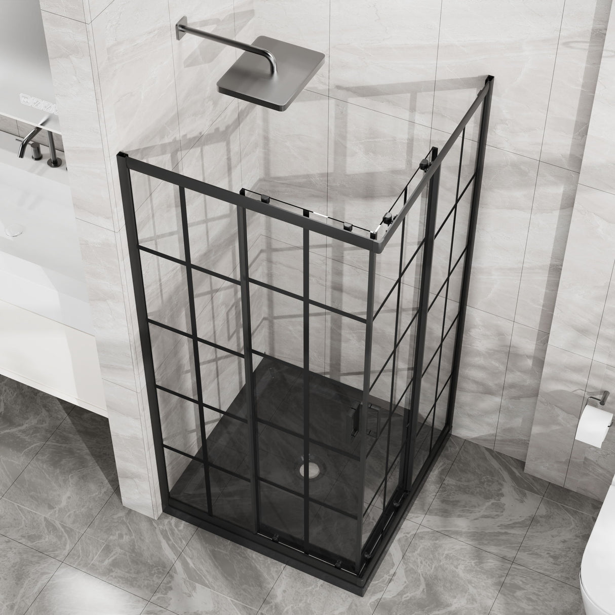 Corner Shower Enclosure, Double Sliding Door, Base - Matte Black
