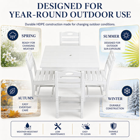 Outdoor Patio Dining Set, Square Table With Umbrella Hole And Armless Chairs