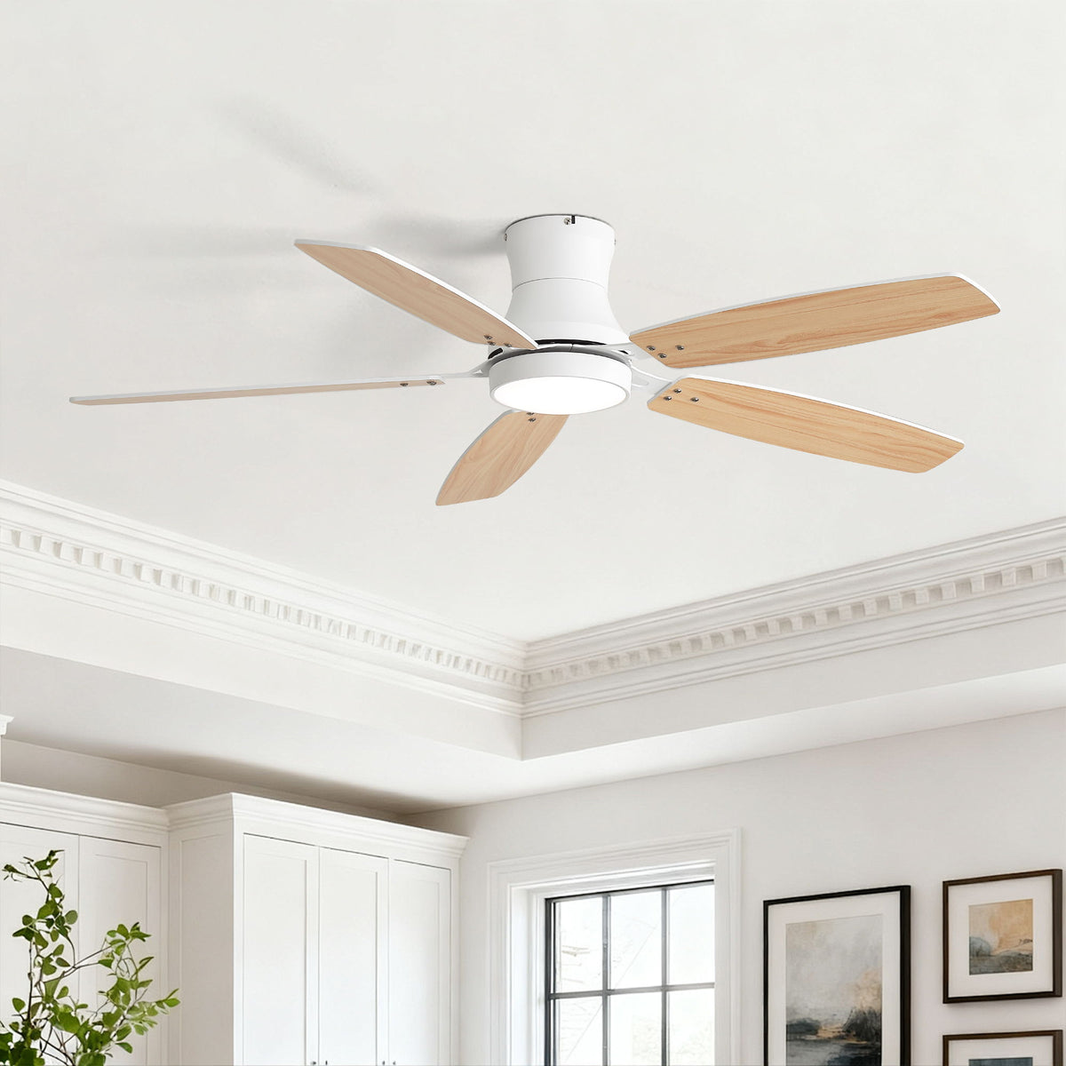 52" Flush Mount Ceiling Fan With Light, DC Motor, Remote Control, Dual Color