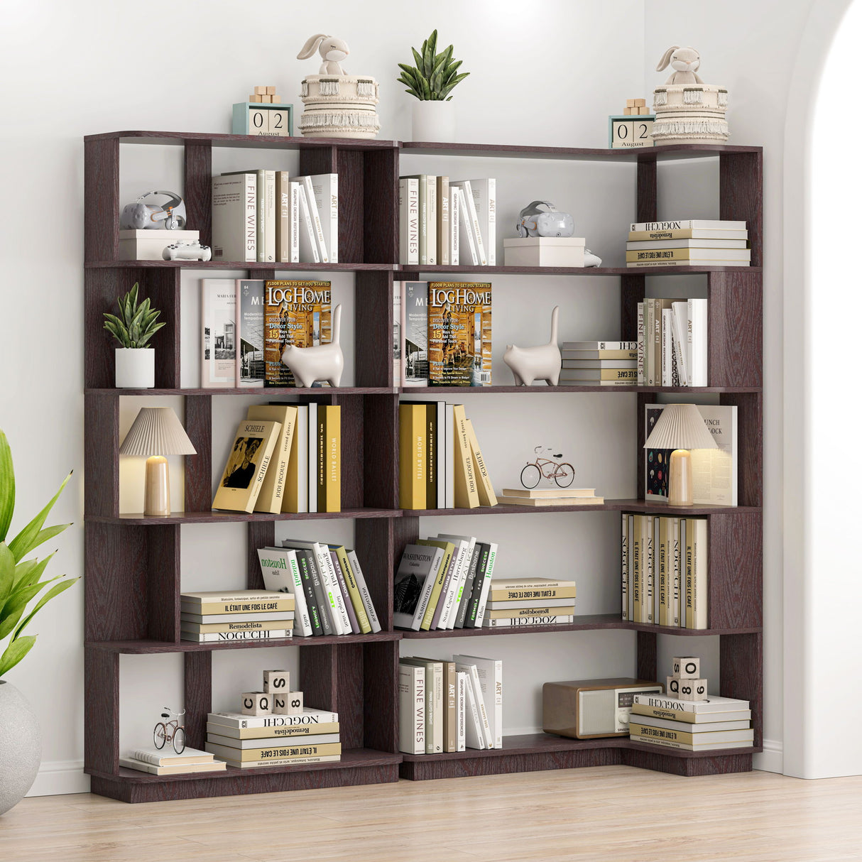 Ox Blood - Red 90Cm L-Shaped Freestanding Corner Bookshelf With Anti Tip Safety, Storage Cabinet For Living Room - Ox Blood Red