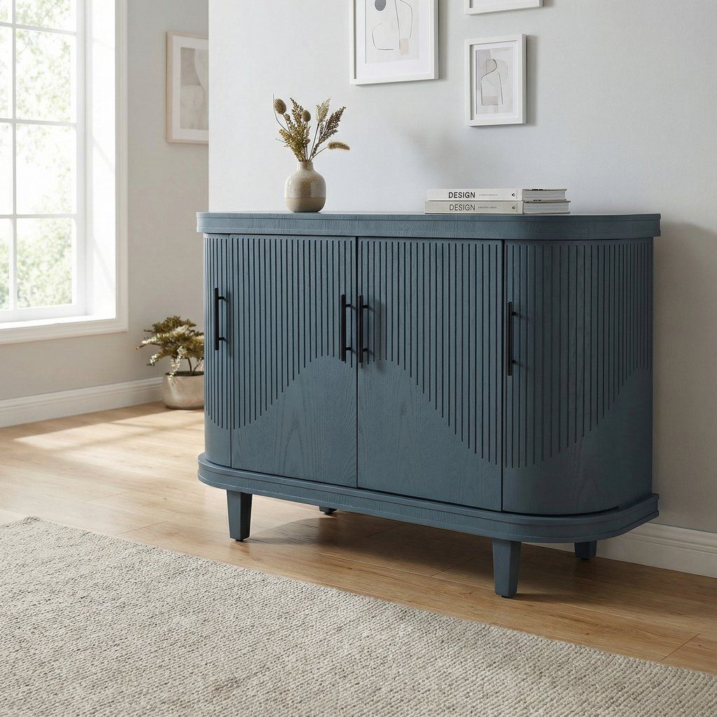 Curved Sideboard Console Cabinet with 4 Doors and Storage Shelves 47x32in Blue