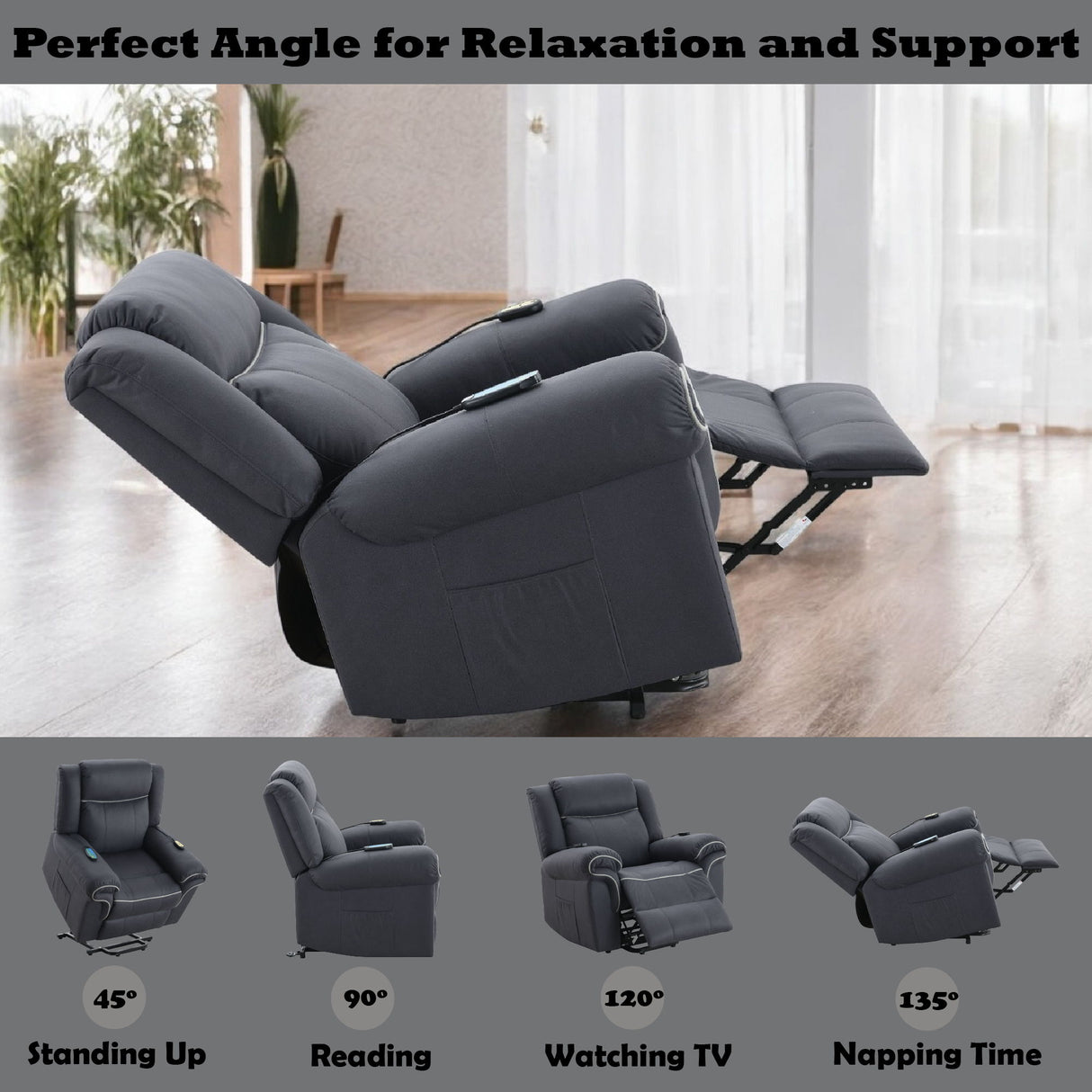 Domana - Polished Microfiber Power Nirion Recliner With Lift Heating Massage Chair - Dark Blue