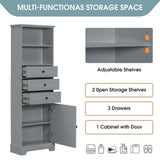 Tall Storage Cabinet With 3 Drawers And Adjustable Shelves For Bathroom