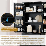 Fluted Kitchen Pantry Cabinet With 2 Large Drawers & 8 Door Spice Rack Freestanding Storage Organizer - Black