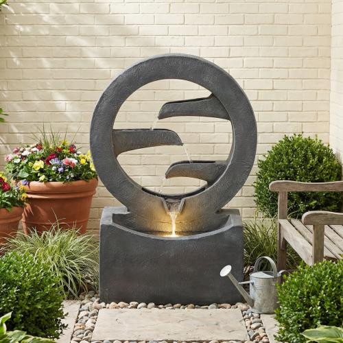 26.77"H Gray Circular Polyresin Outdoor Water Fountain with LED Light, Freestanding Modern Cascading Water Feature for Patio Garden Backyard Decor