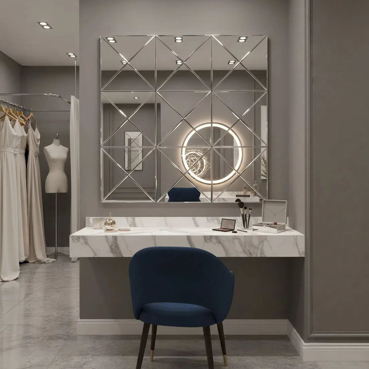 3D Beveled Wall Mirror With Frame, Large Square Design For Living Room - Silver