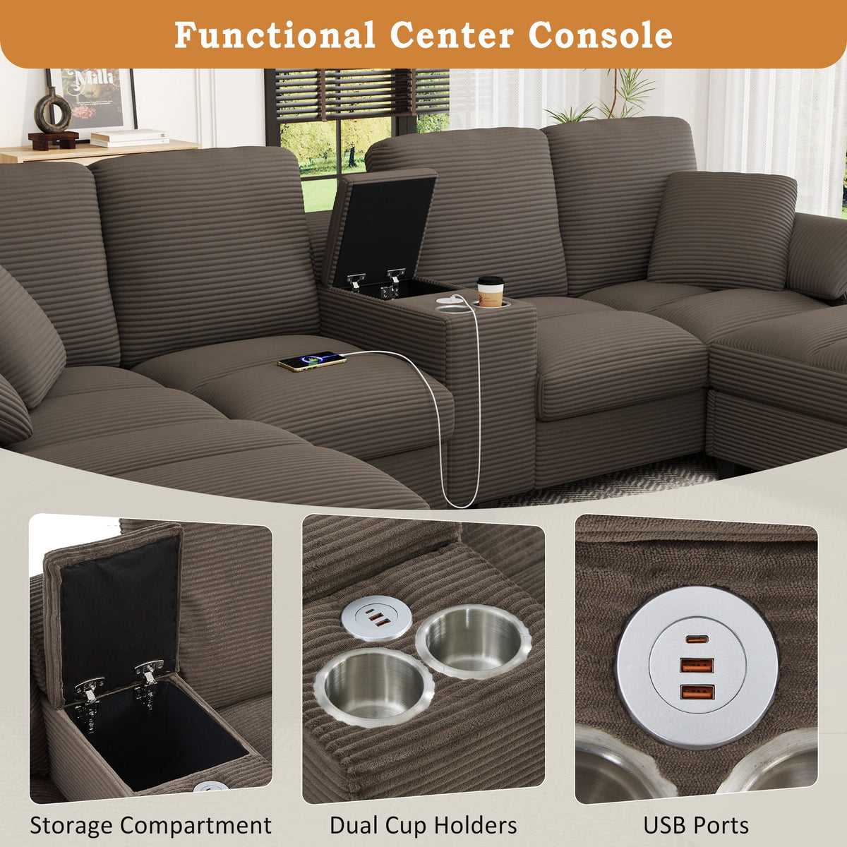 Modern U - Shaped Sectional Sofa With Storage Ottomans, USB Ports, And Cup Holders