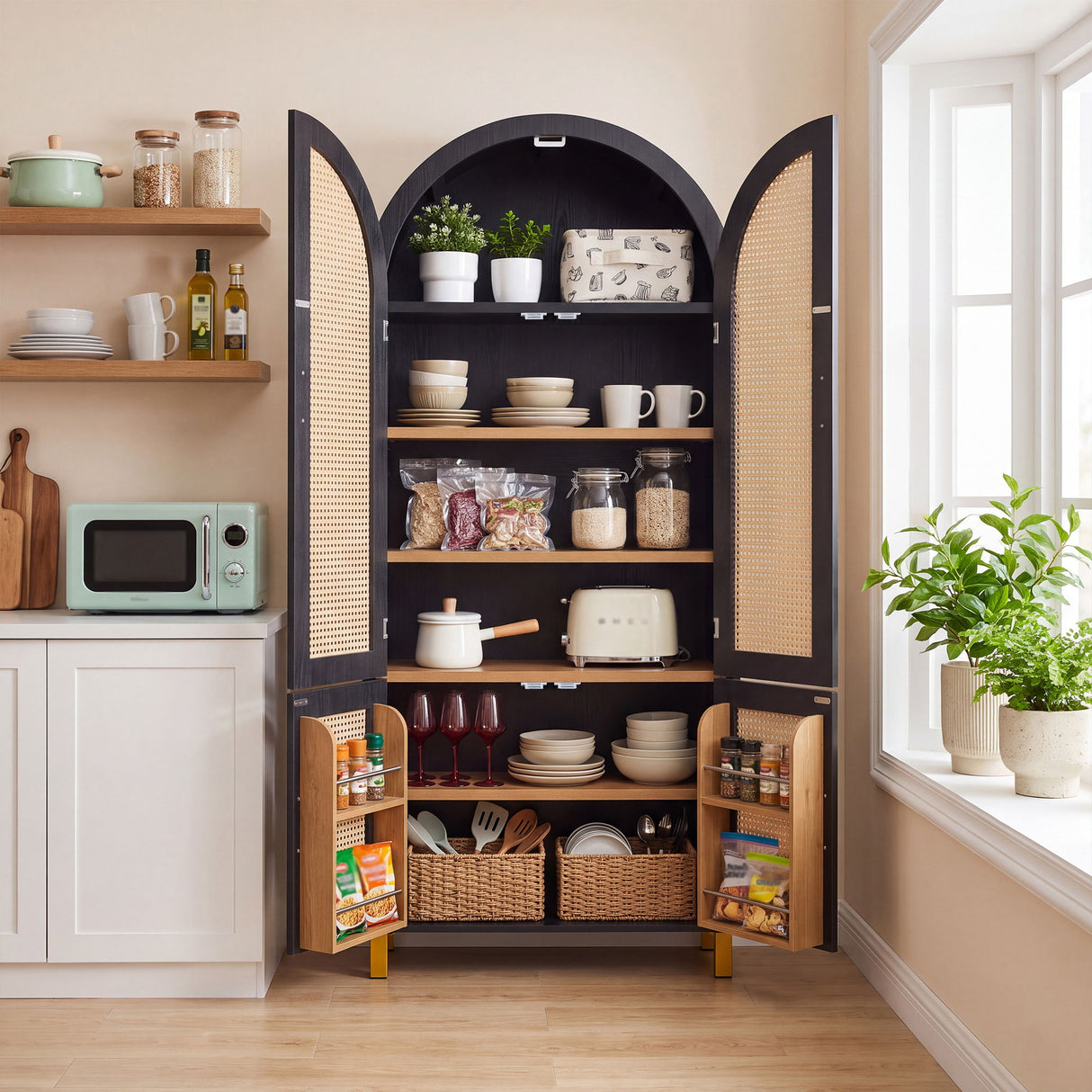 Tall Arched Cabinet With Rattan Doors & Adjustable Shelves