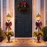 Christmas Lamp Post Decor With Plaid Bow, Artificial Outdoor Holiday Decor (Set of 2) - Brown / Bronze / Green