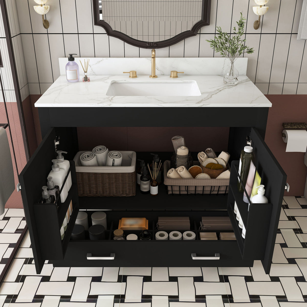 Bathroom Vanity Set, Fluted Cabinet, Soft Close Doors & Drawers, 3 Faucet Holes, Sink Included - Black