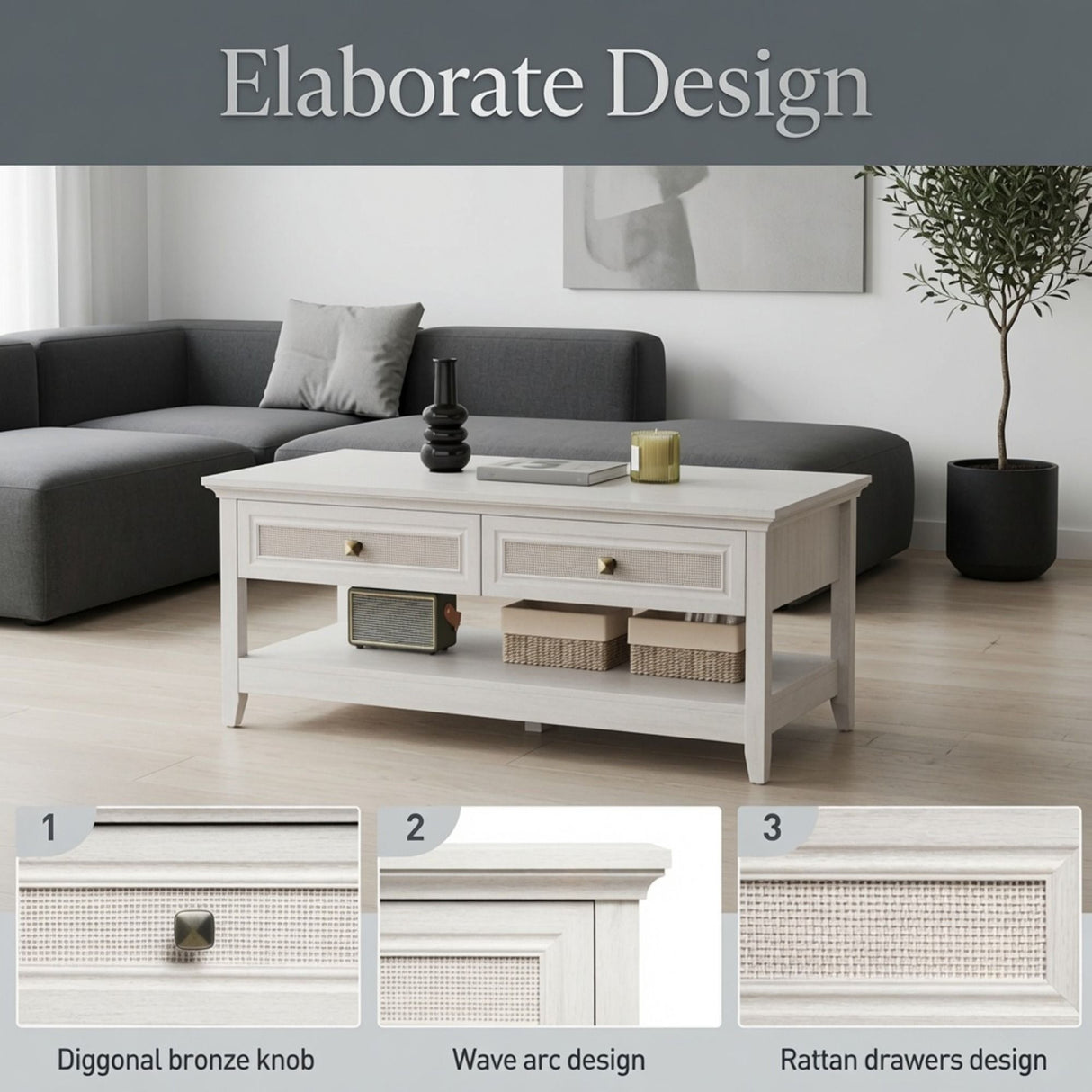 Coffee Table With Drawers & Storage Shelf - White
