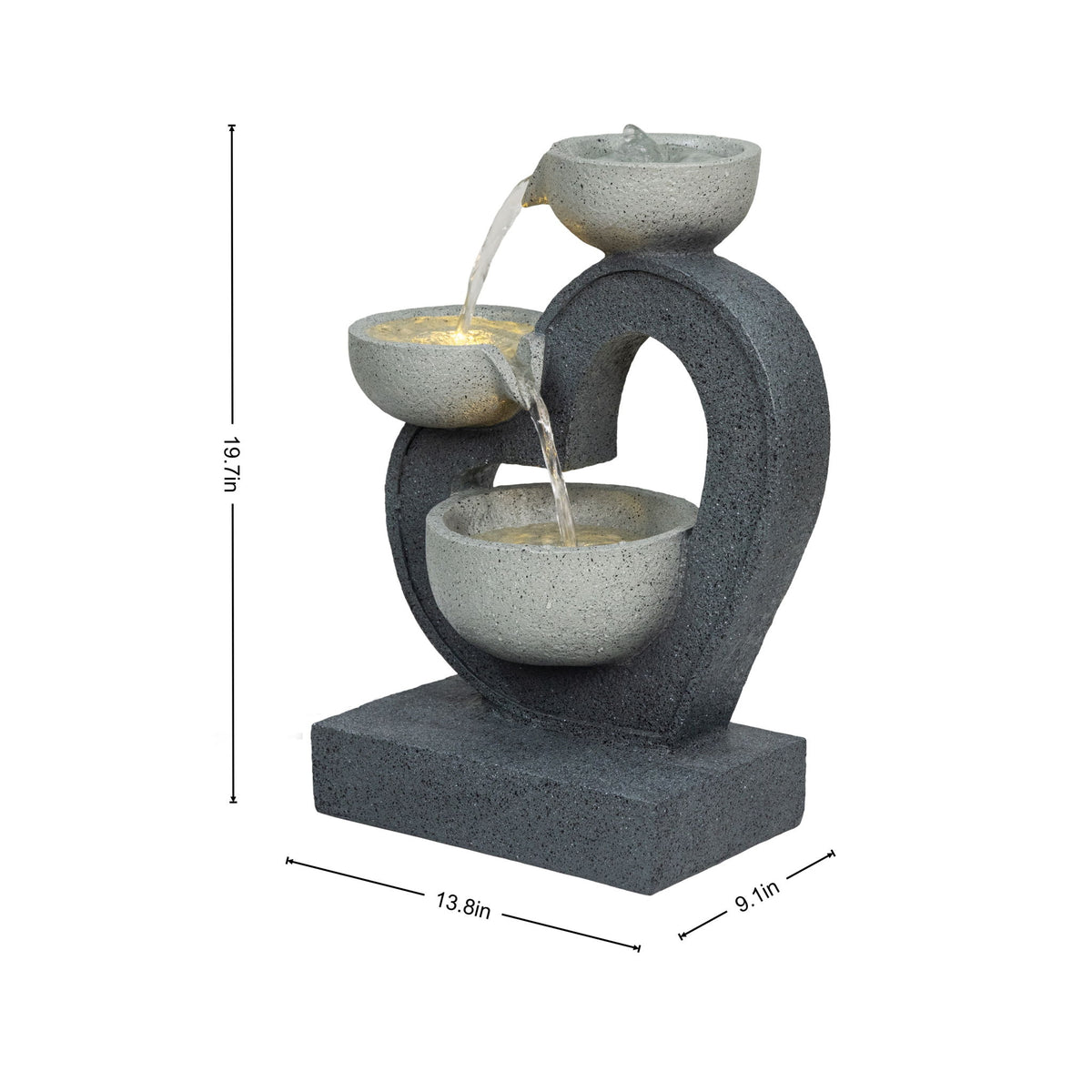 3 Tier Outdoor Water Fountain With Warm LED Lights, Stone Textured Cascading Design For Patio - Gray