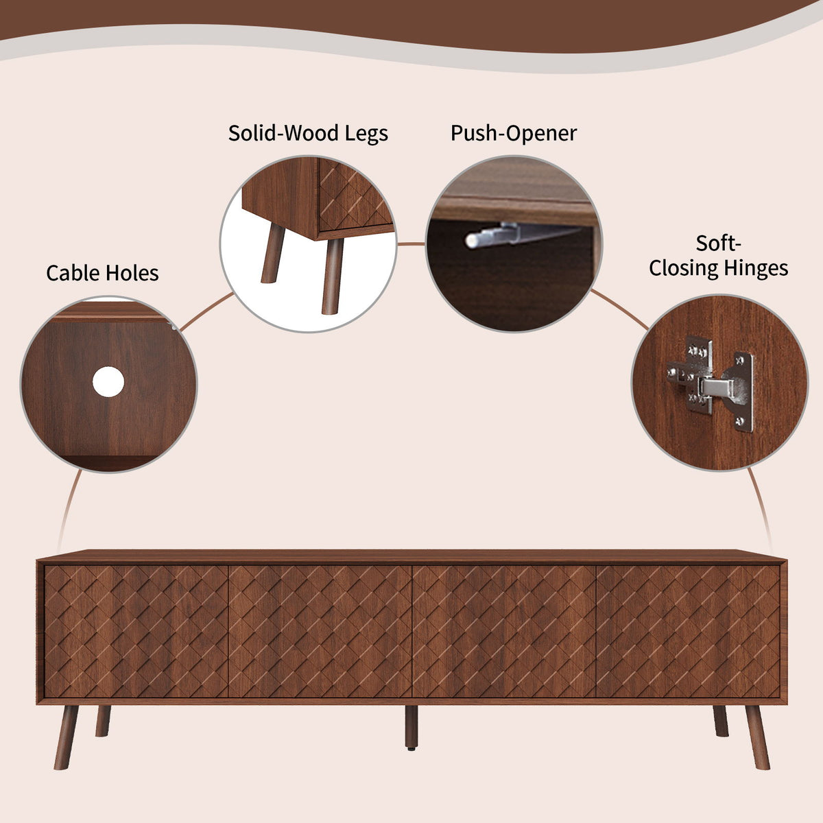 70" TV Stand For TVs Up To 80", Soft Closing Hinges And Cable Management - Walnut