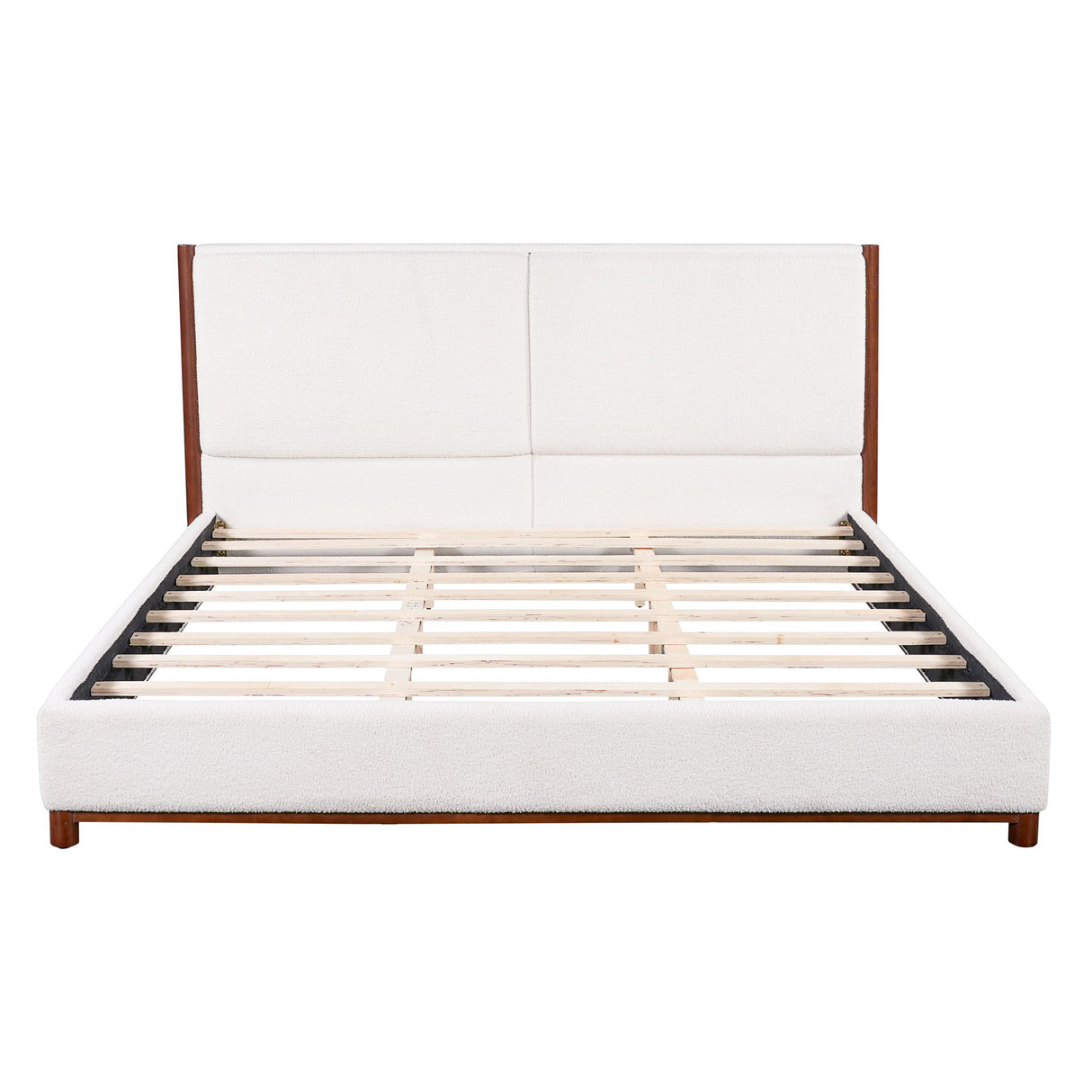 King Upholstered Bed Frame, No Box Spring Needed - Walnut / White