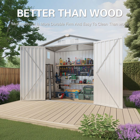 Garden Tool Shed Storage Building Waterproof Peaked Roof Metal White Gray