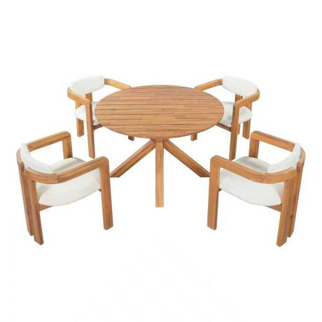 5-Piece Outdoor Acacia Wood Round Dining Set Beige Cushion