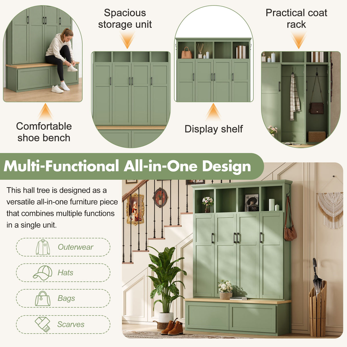 Hall Tree With 4 Hidden Cabinets