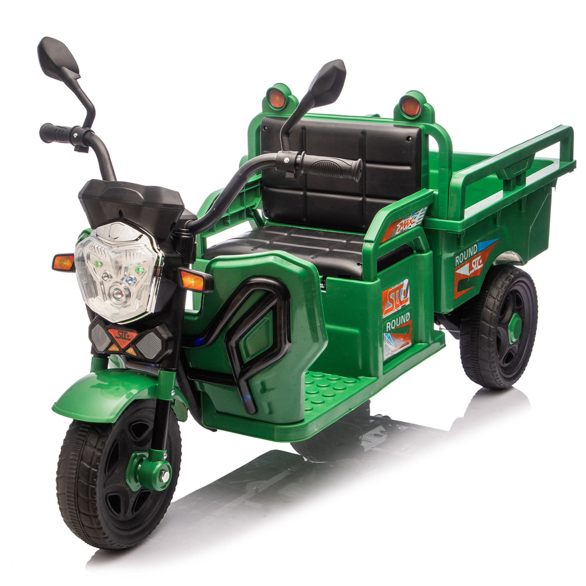12V Kids Electric 3 Wheel Cargo Truck, 2Wd, Anti Slip Wheels, Large Storage, Extra Wide Seat With LED Lights & Music - Green