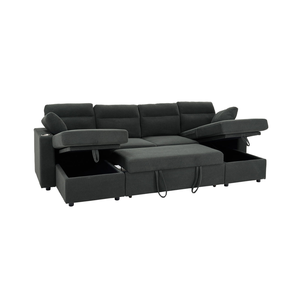 Convertible Sectional Sofa With Storage Chaise, Cup Holders And Pull Out Sleeper