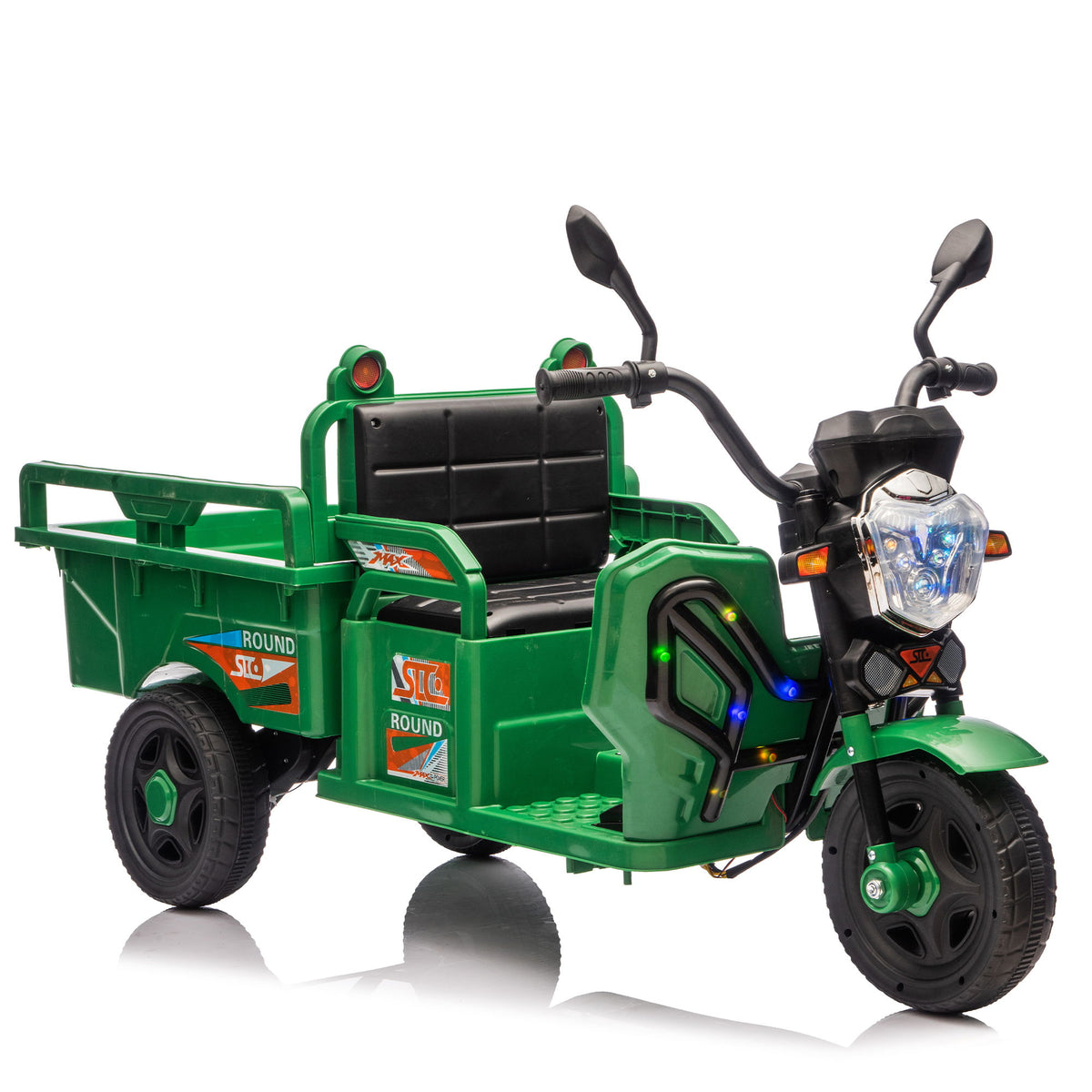 12V Kids Electric 3 Wheel Cargo Truck, 2Wd, Anti Slip Wheels, Large Storage, Extra Wide Seat With LED Lights & Music - Green