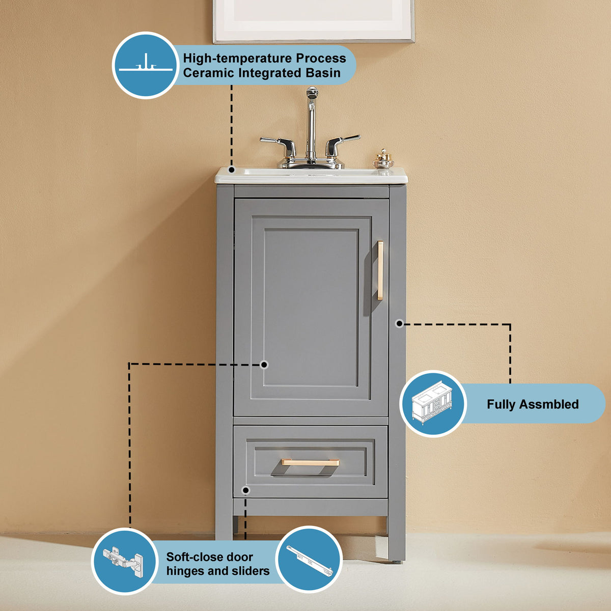 Fully Assembled 18'' Freestanding Single Bathroom Vanity With Ceramic Top - Gray