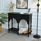 Accent Carved Console Table With Open Shelf And 2 Drawers For Living Room - Black