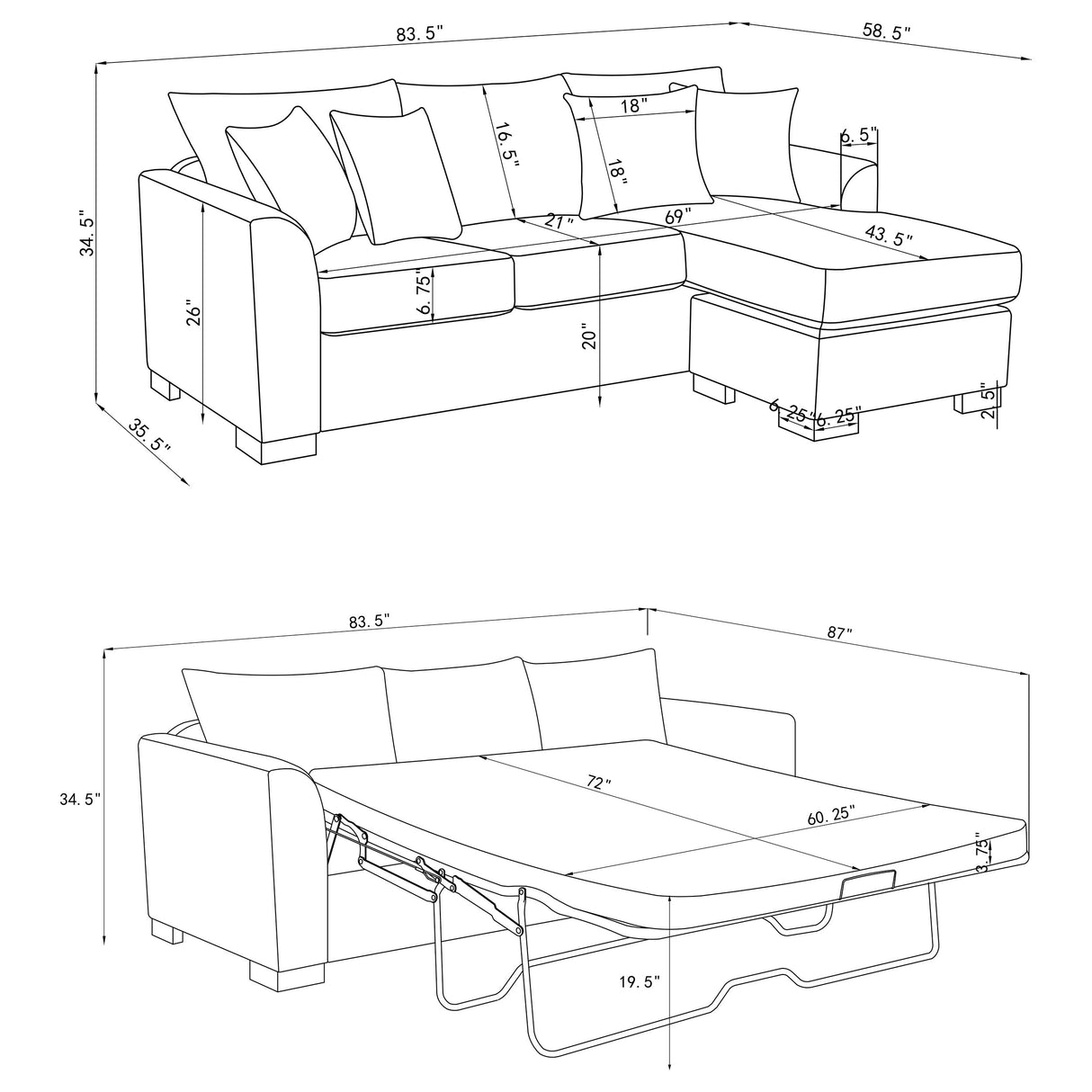 Storey Upholstered Sleeper Sectional Chaise - Dark Grey