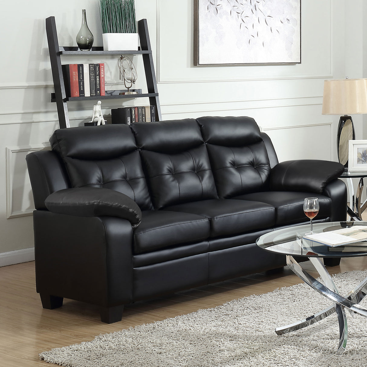 Finley Upholstered Tufted Sofa in Black Leatherette