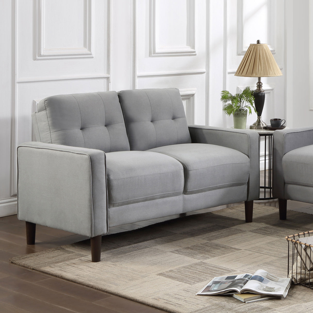 Bowen Upholstered Track Arm Tufted Loveseat, Grey