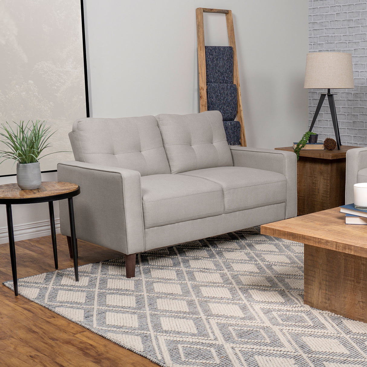Bowen Upholstered Track Arm Tufted Loveseat in Beige