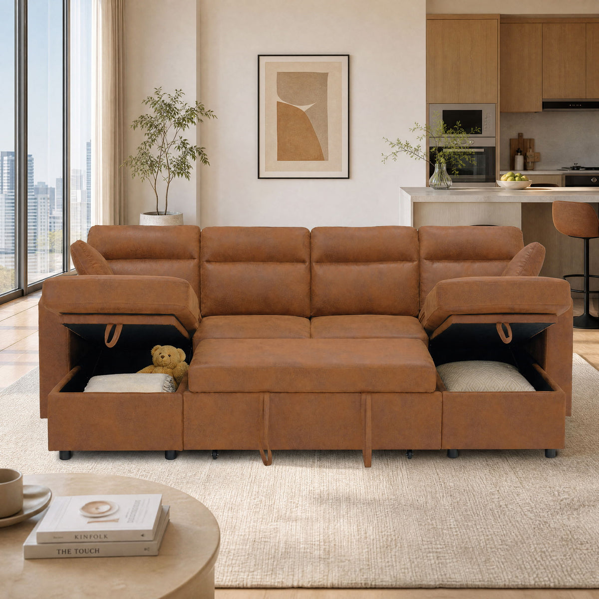 Convertible Sectional Sofa With Storage Chaise, Cup Holders And Pull Out Sleeper