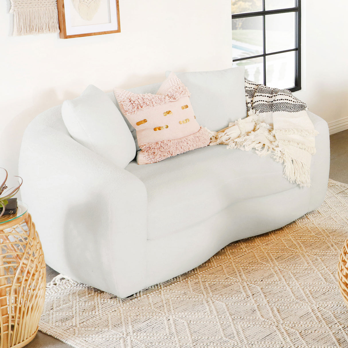 Isabella Faux Sheepskin Loveseat in Natural Ivory