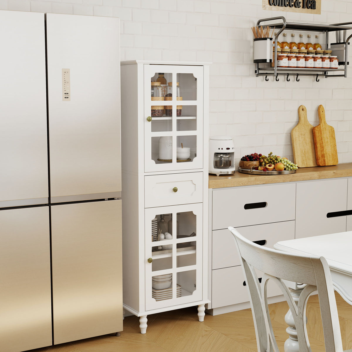 Storage Cabinet, Freestanding Curio Cabinet With Grid Doors & Drawer, Pantry Display Cabinet For Kitchen
