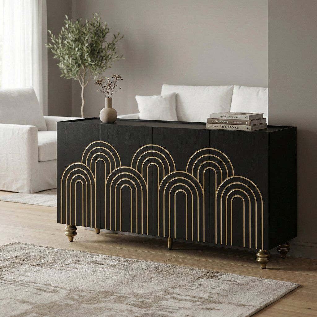 Fluted Sideboard Buffet Modern 4 Door Cabinet 60in x 32in with Storage