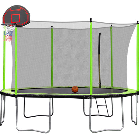 14Ft Trampoline With Basketball Hoop Inflator And Ladder (Inner Safety Enclosure) - Green - Trampolines - Alpine Outlets
