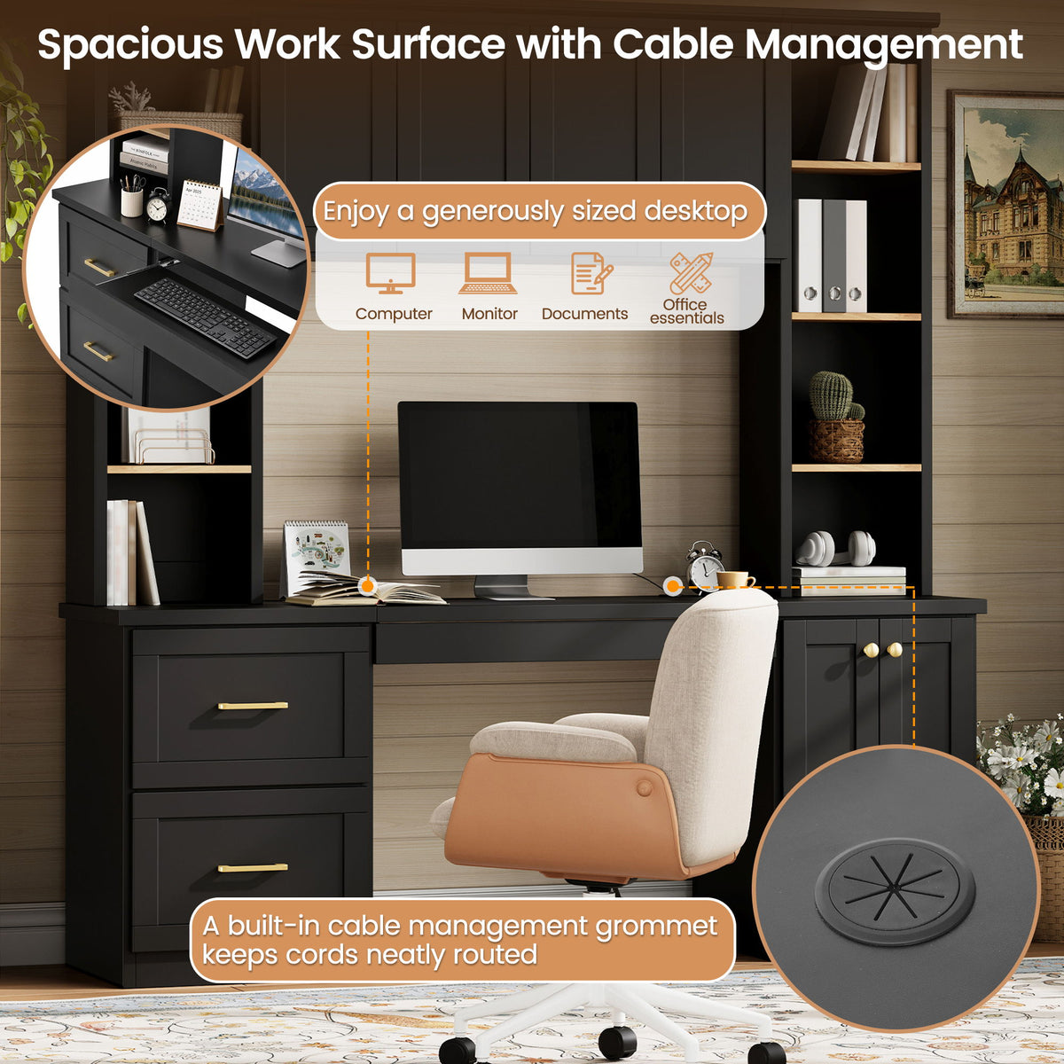 Computer Desk With Hutch, Workstation With Desk Grommet & Keyboard Tray