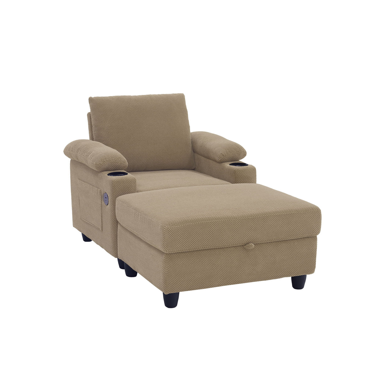 Accent Chair With Storage Ottoman, Reclining Single Chaise Lounge With Cupholders And USB, C Ports