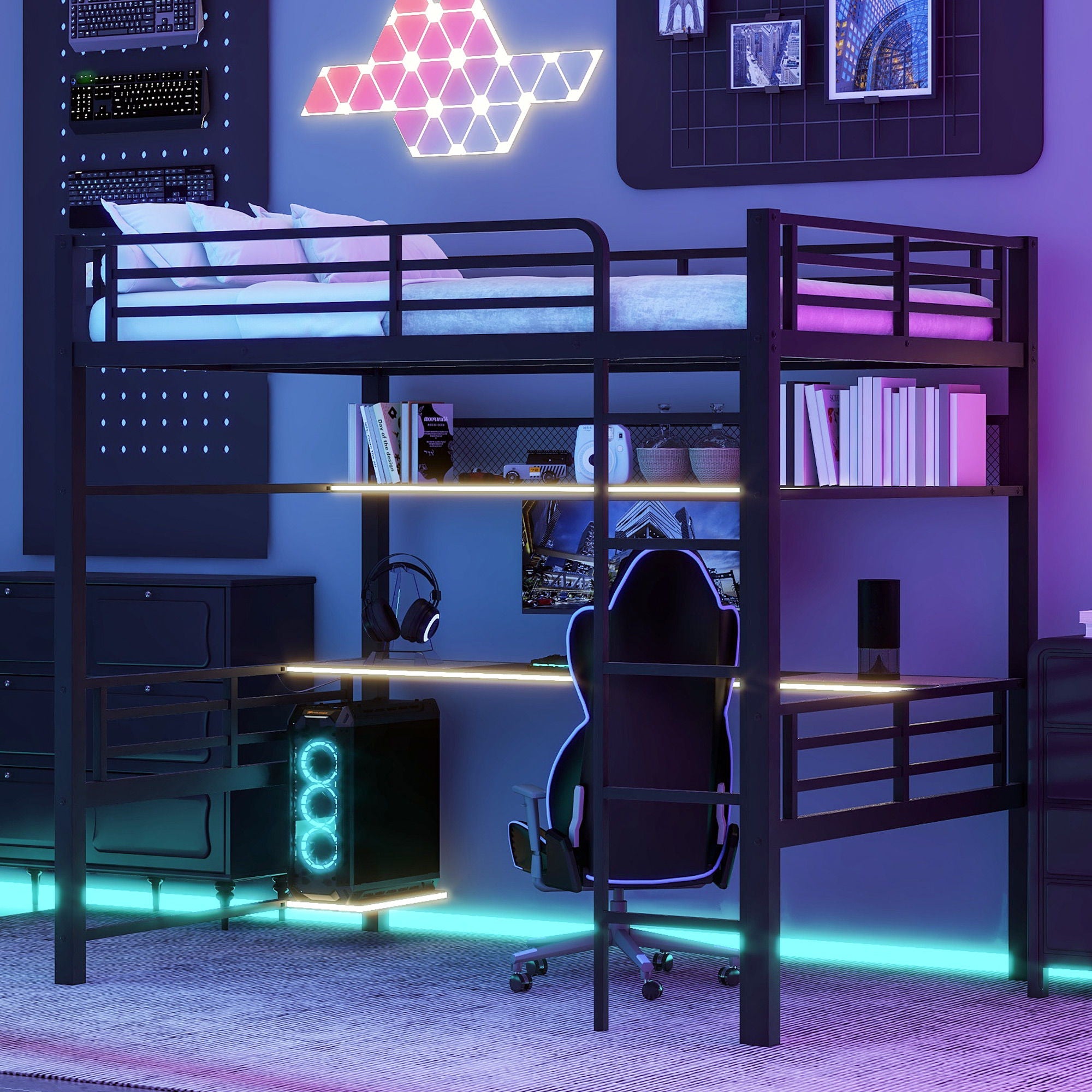 Full Size Loft Bed Frame With Storage Shelf And LED Light - Thumbnail 3