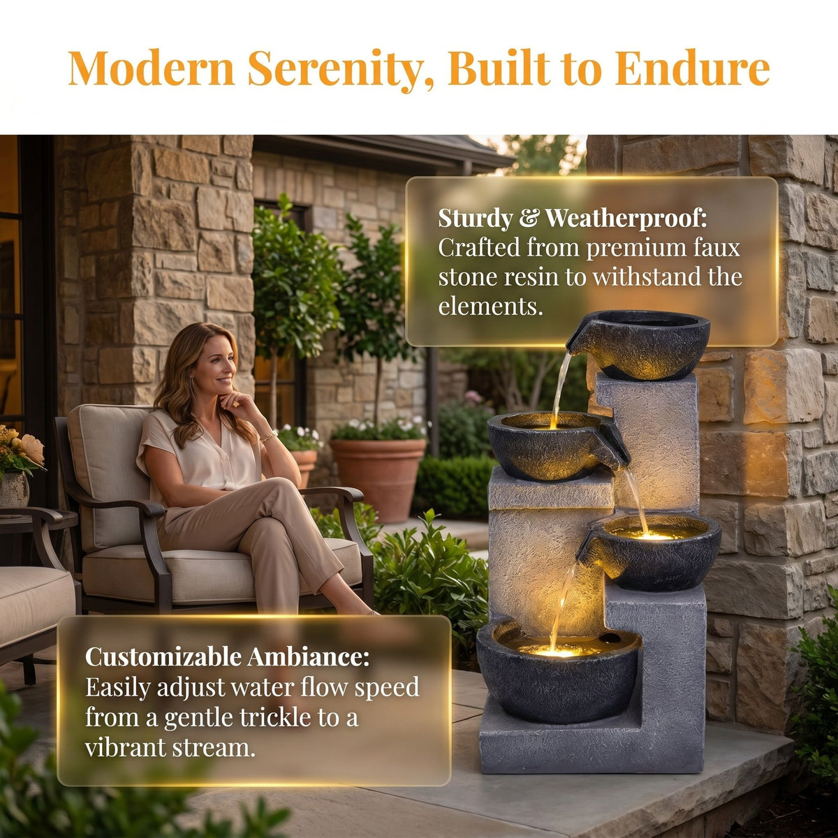 4 Tier Cascading Water Fountain With Warm LED Lights, Quiet Pump For Patio - Gray