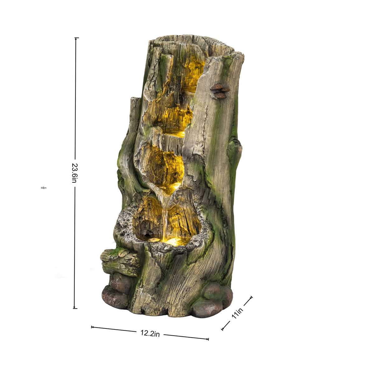 Outdoor Water Fountain, Tree Stump Cascading Fountain With Warm LED Lights - Earthy Yellow