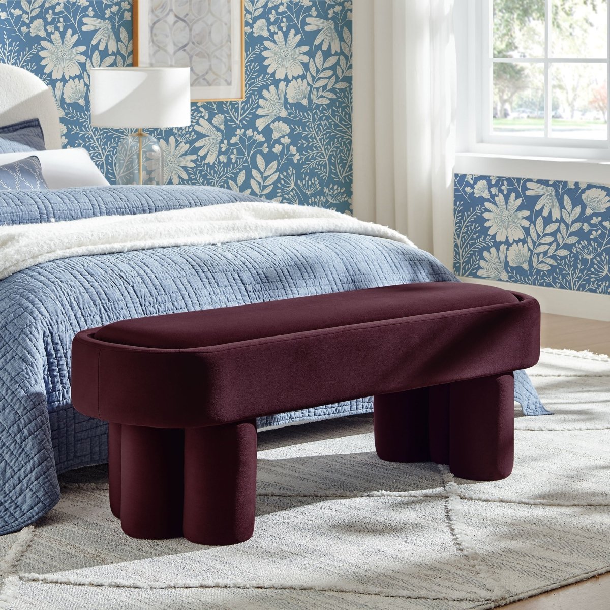 52 Inch Oval Performance Velvet Accent Bench with Sculptural Clover - Base Legs - Benches available at Alpine Outlets in Denver