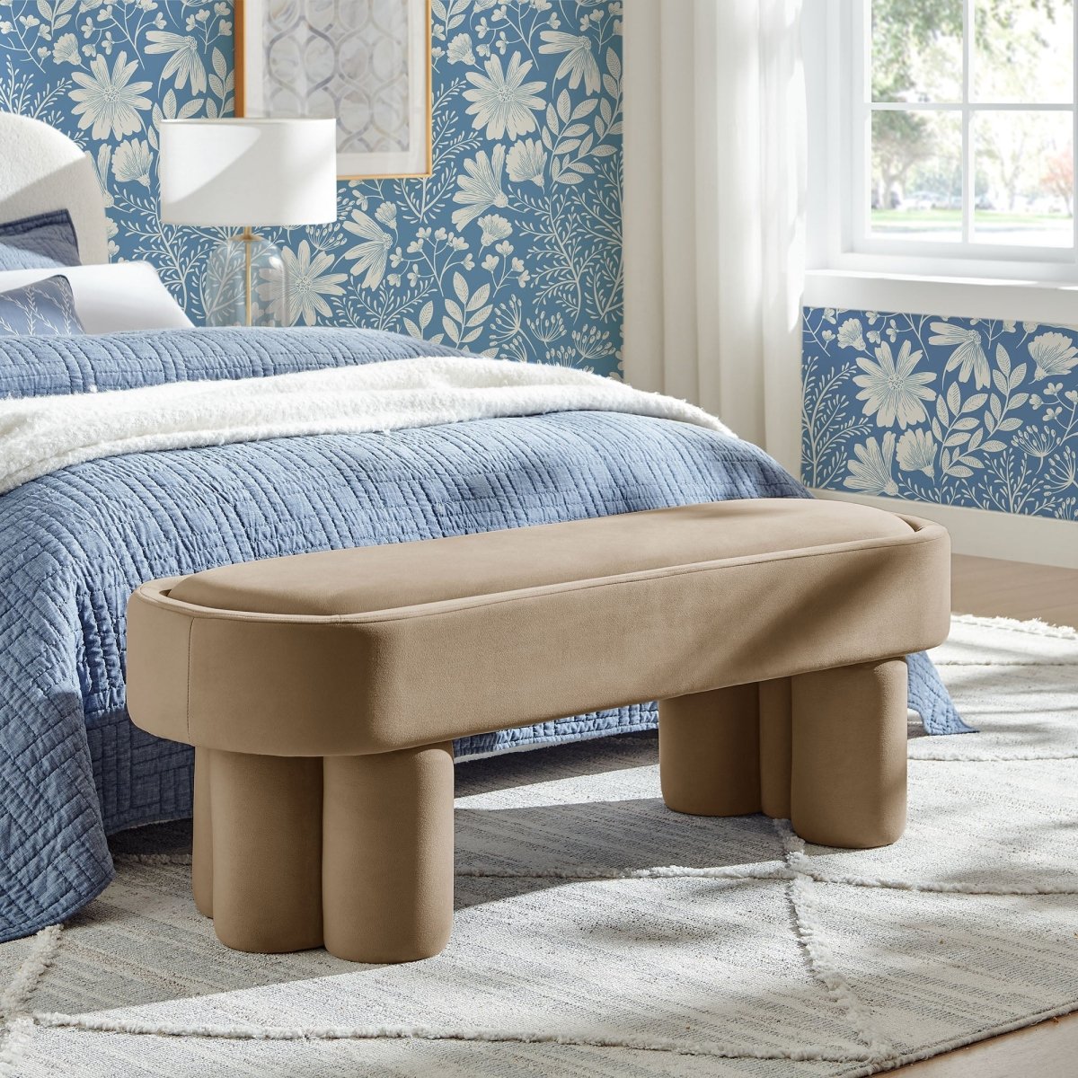 52 Inch Oval Performance Velvet Accent Bench with Sculptural Clover - Base Legs - Benches available at Alpine Outlets in Denver