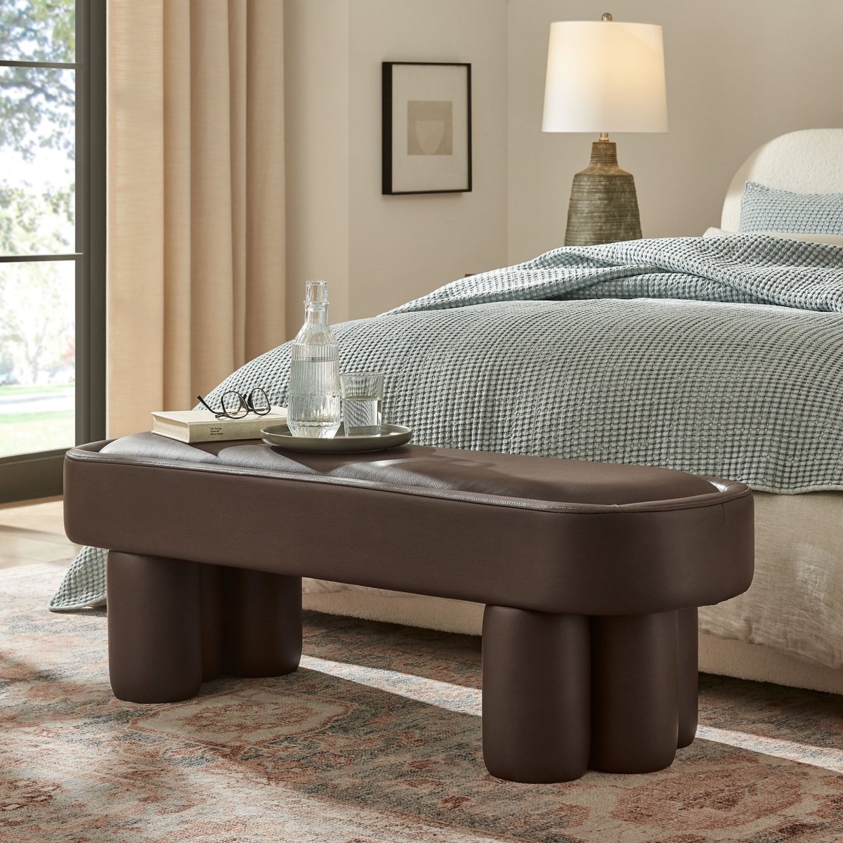 52 Inch Oval Vegan Leather Accent Bench with Sculptural Clover - Base Legs - Benches available at Alpine Outlets in Denver