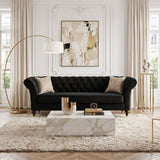 3 Seater Button Tufted Sofa With Rolled Arms, Living Room Couch With 2 Pillows - Black