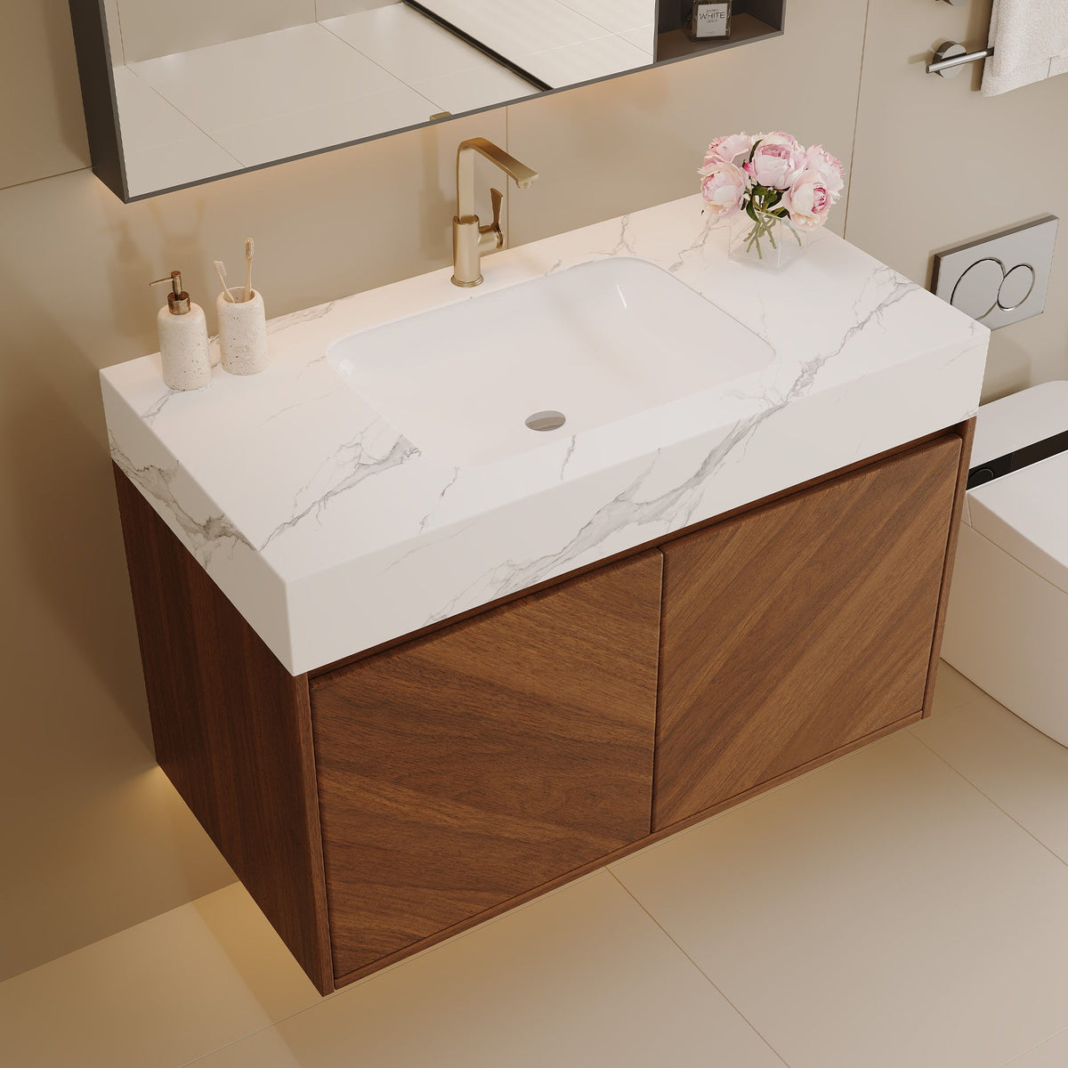 Wall Mounted Bathroom Vanity With Sink, Soft Close - Walnut / White