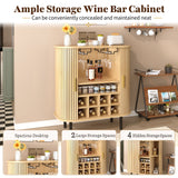 Fluted Wine Bar Cabinet With 8 Grid Wine Rack, 5 Level Adjustable Shelves, 2 Glass Holders