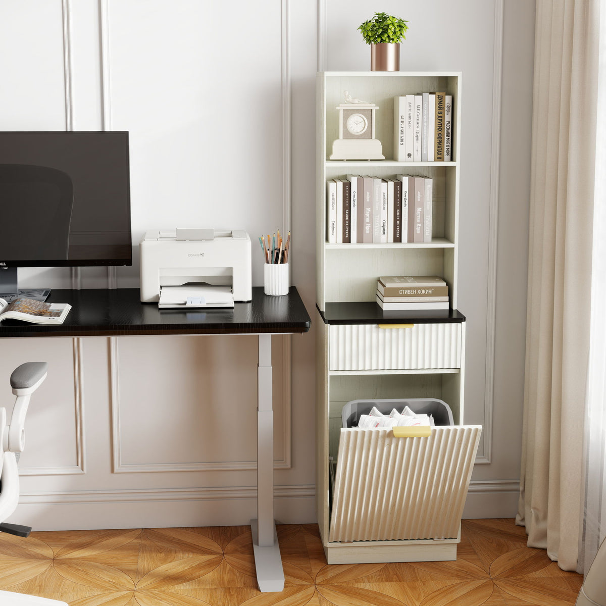 Tall Narrow Fluted Storage Cabinet With Trash Bin Compartment For Kitchen (Trash Can Not Included)