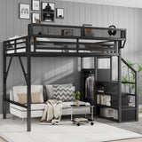 Queen Size Loft Bed With Stairs, Storage Shelves, Wardrobe - Black